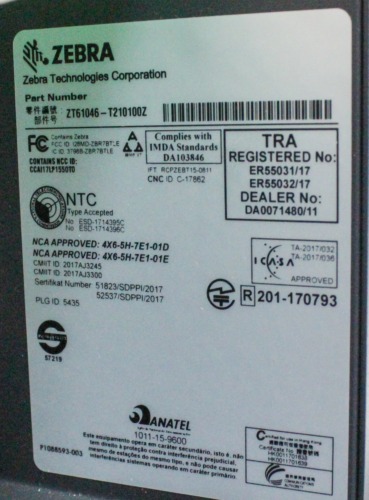 Zebra ZT610 Series Industrial Label Printer Model ZT61046-T210100Z