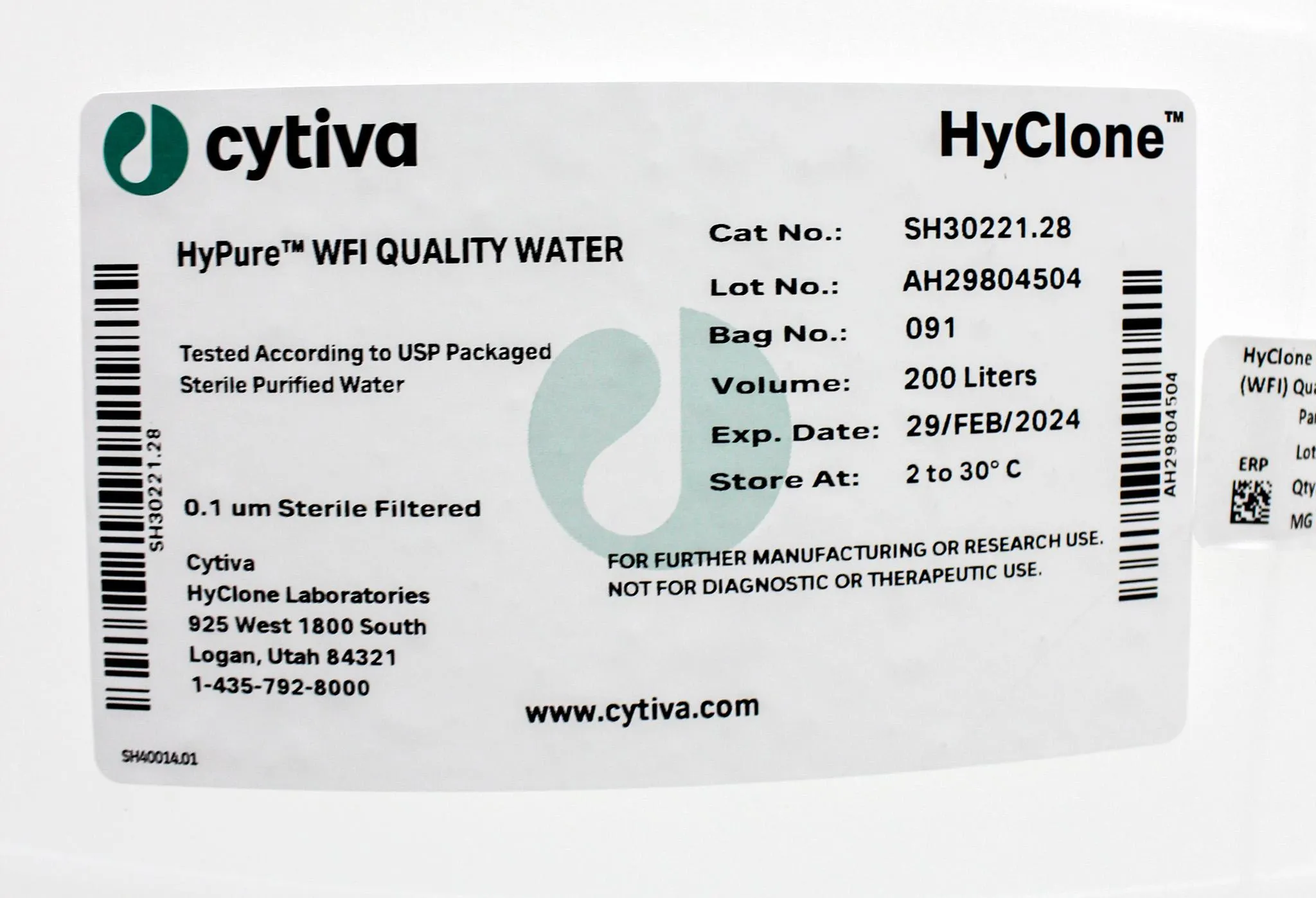 Cytiva SH30221.28 HyClone HyPure WFI Quality Water Storage Container 200L