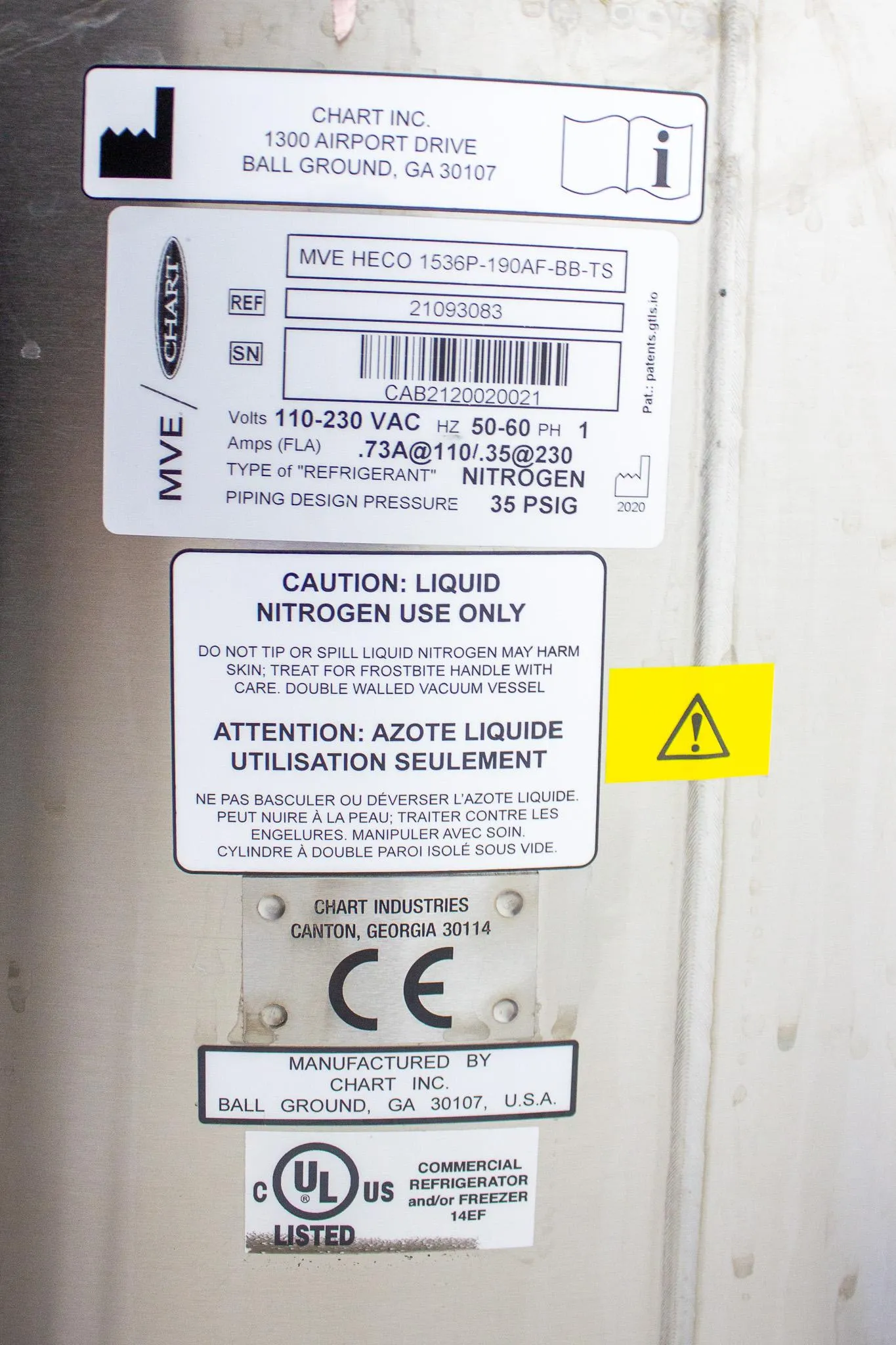 Chart MVE HECO Series 1500-190 Model 1536P-190AF-BB-TS Liquid Nitrogen Freezer