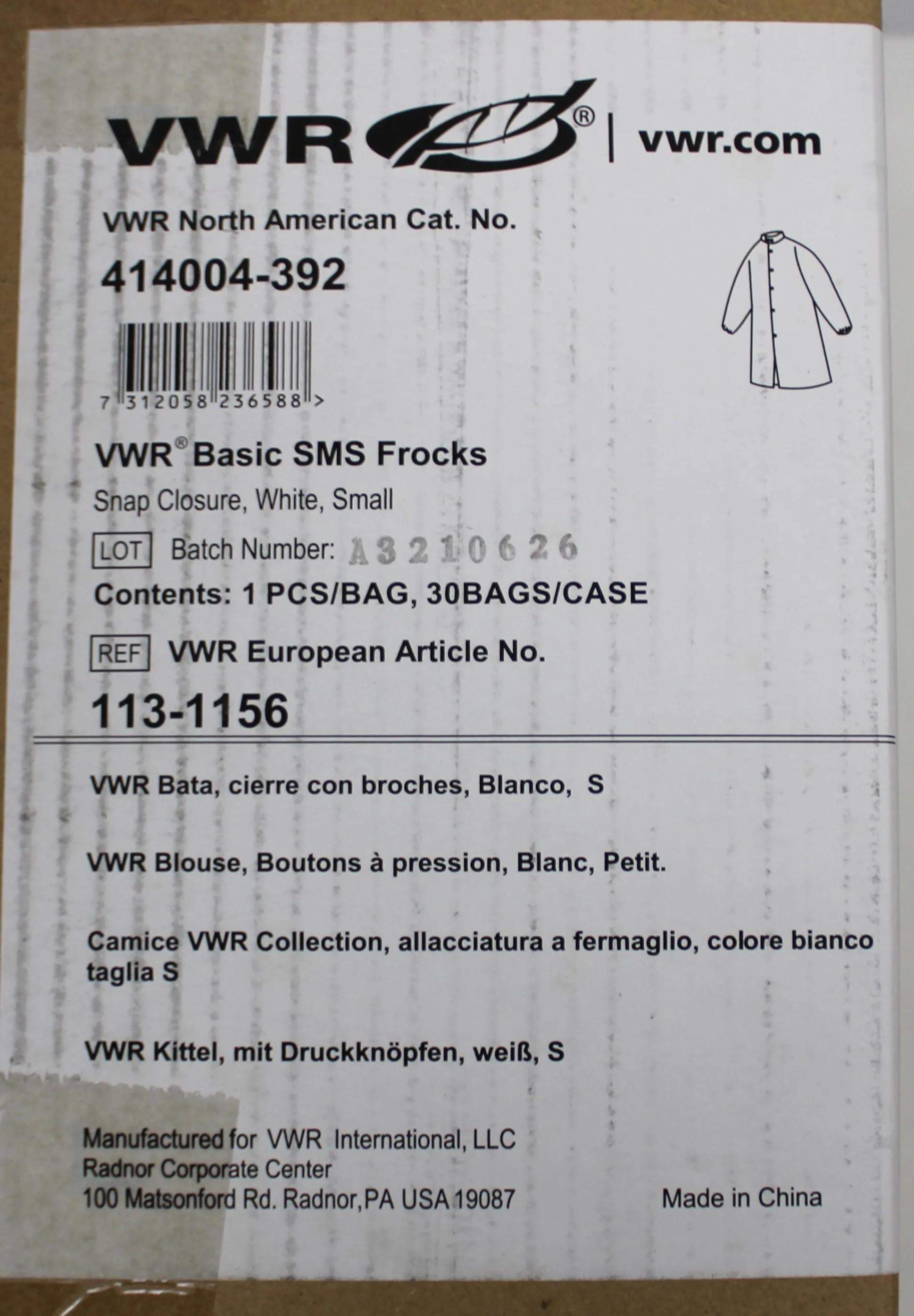 VWR Basic Frocks SMS Protective Laboratory Jacket, New