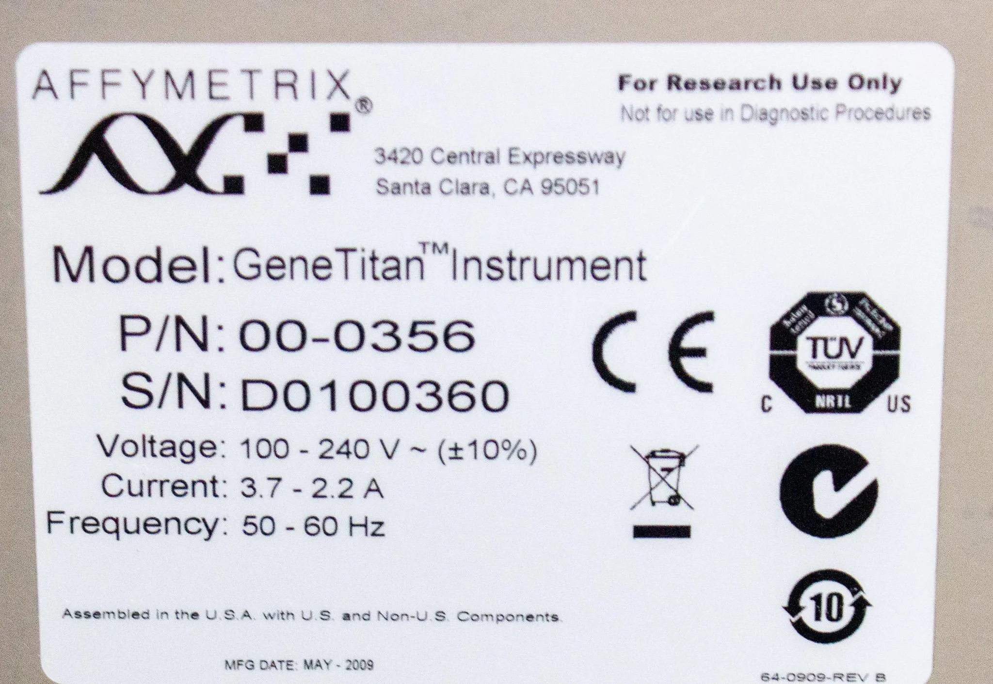 Affymetrix GeneTitan Instrument P/N 00-0356