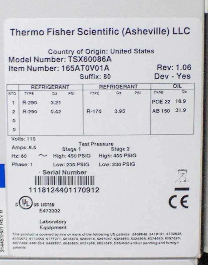 Thermo Scientific TSX Series Ultra-Low Temperature -86C Freezer Model TSX60086A